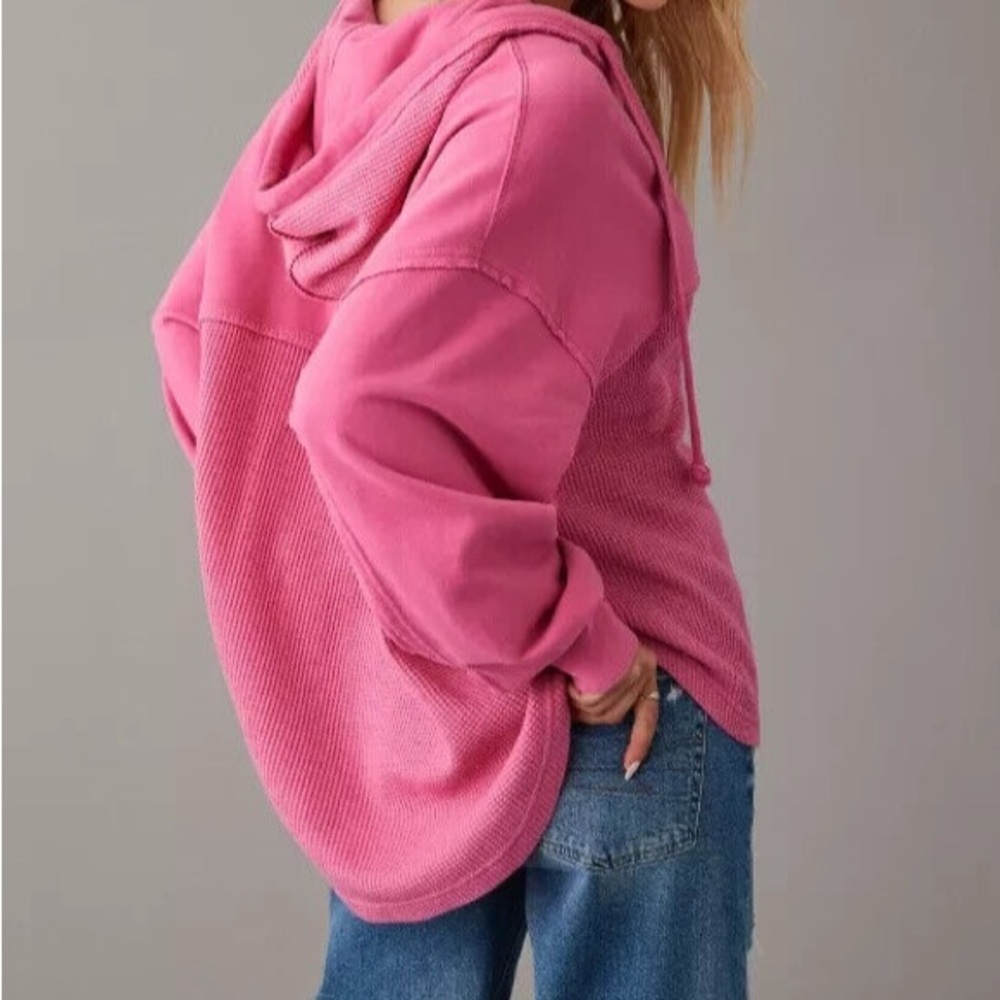 American Eagle Women’s Textured Big Hug Hooded Waffle Shaket Button Front Pink M - Picture 2 of 14